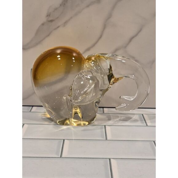 Art Glass Elephant Sculpture/Paperweight Heavy Murano Style Clear & Amber GUC - Picture 12 of 13